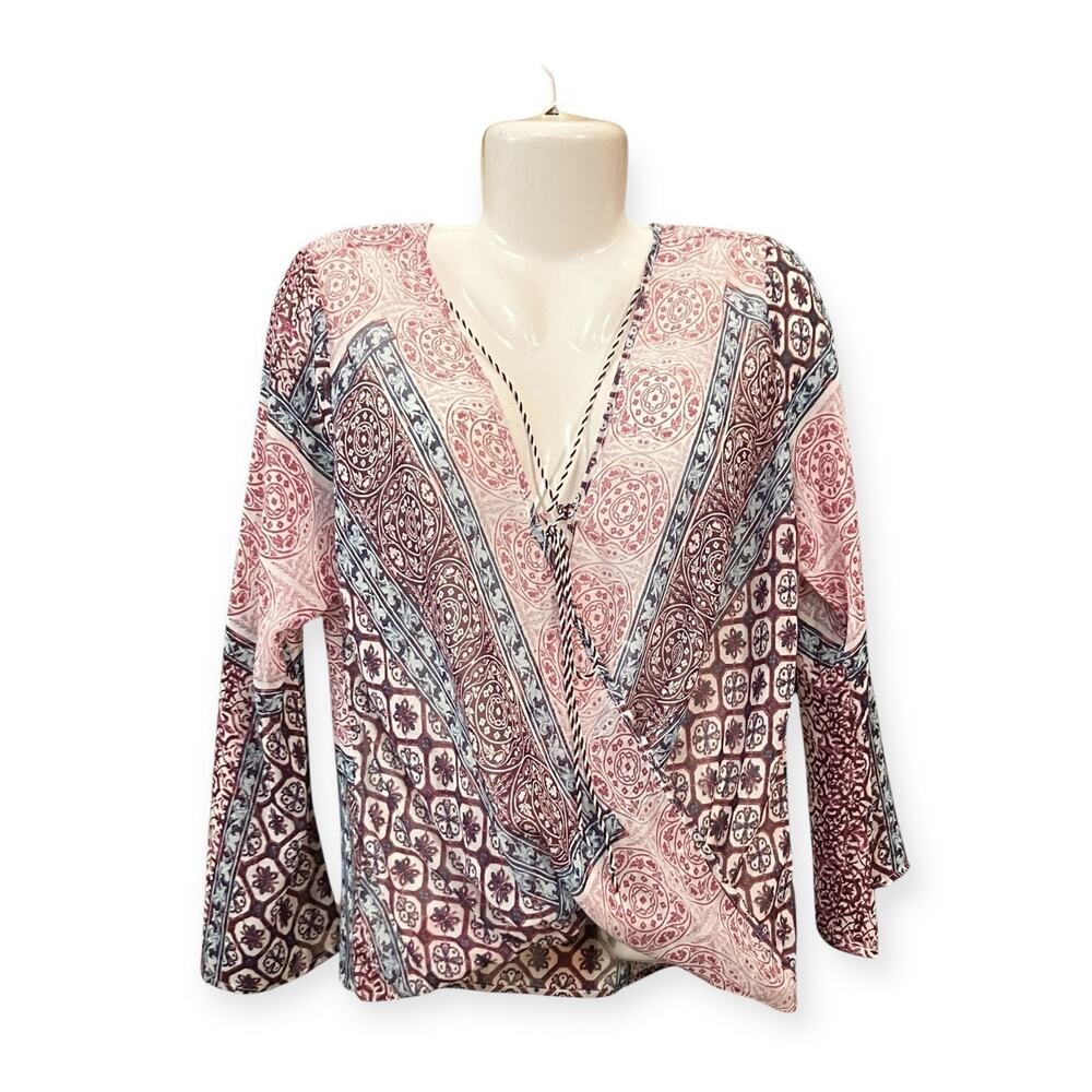 Venus Women's Multicolor Boho-Inspired Print Surplice Neckline Sheer Blouse SZ M